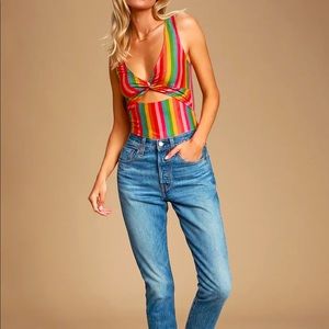Rainbow Striped Suede Cutout Twist-Front Bodysuit